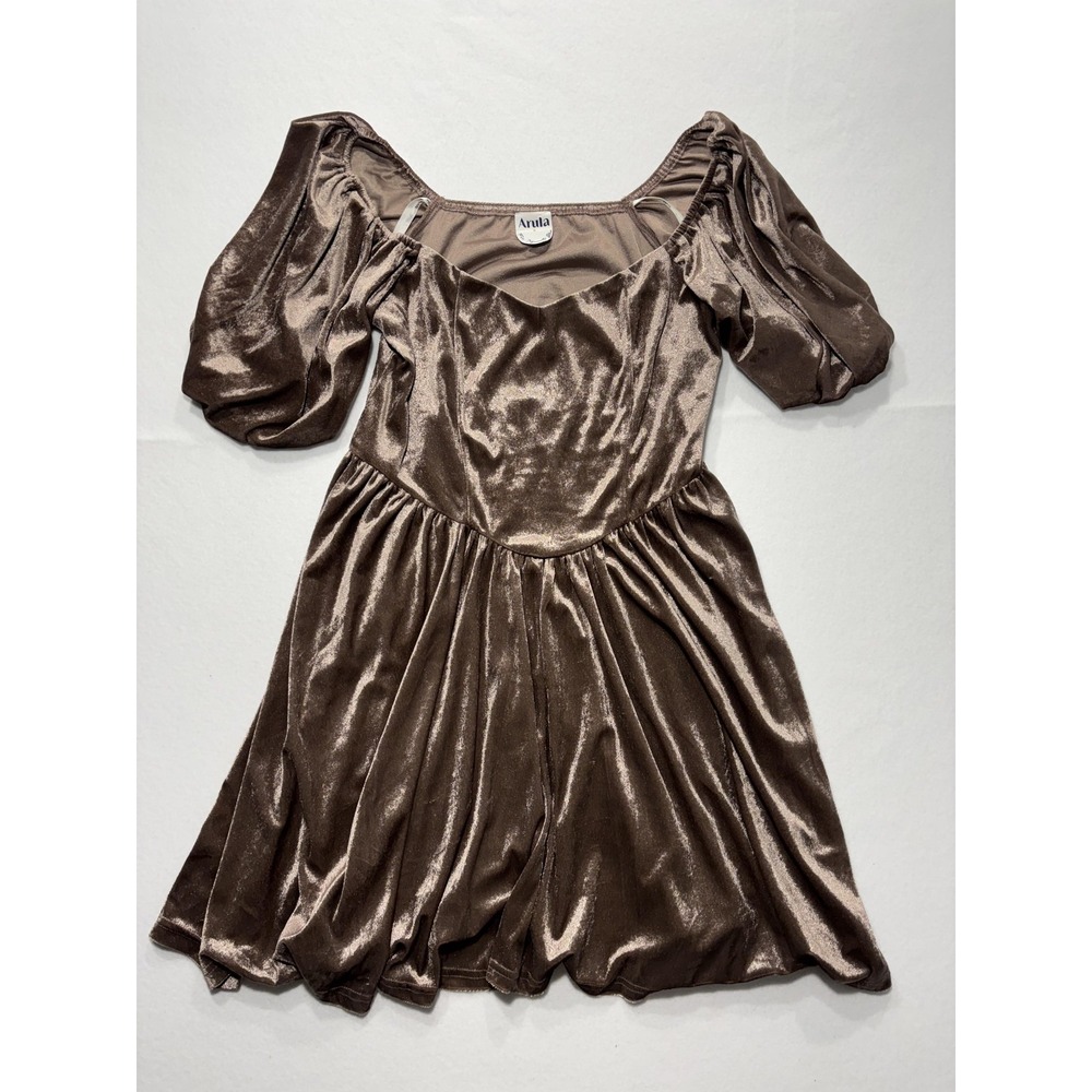 Arula Dress Womens 0X Brown Velvet Puff Sleeve Fit Flare Party Cocktail